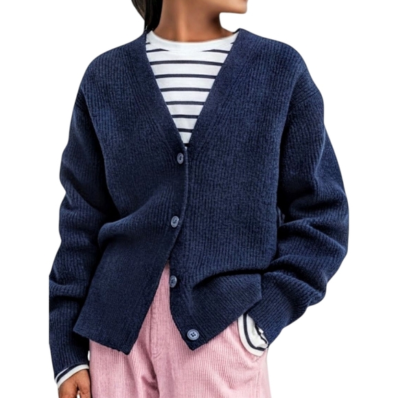 Uniqlo cardigan ribbed sweater Navy  Blue Button Down - Picture 1 of 16